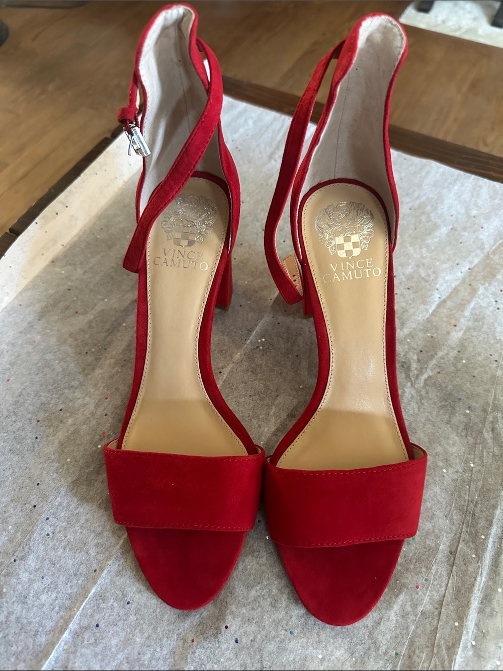 Vince Camuto Red Suede Ankle-Strap Block Heels